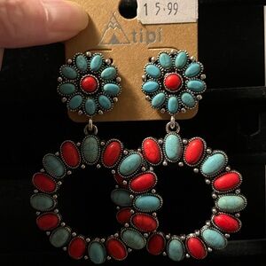 NWT Turquoise and Red-Orange Statement Earrings